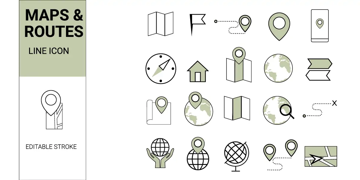 Maps & Routes Line Icon Set Editable Stroke